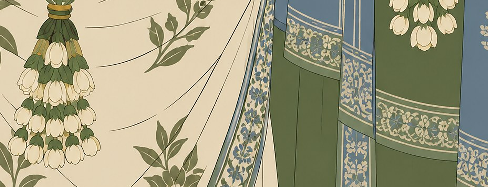 Detalhe do sári e das tranças com flores